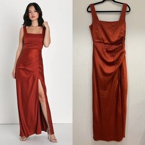 NWOT‎ Lulus Red Carpet Romance Rust Orange Satin Square Neck Maxi Dress
